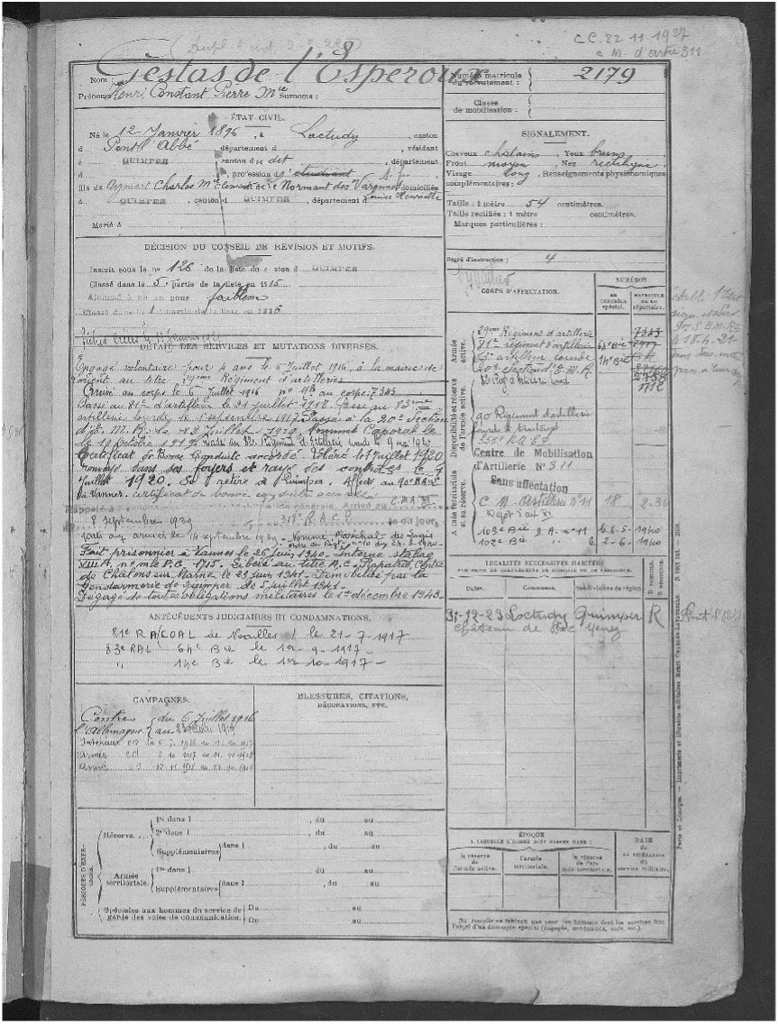 Exemple de fiche matricule d'époque